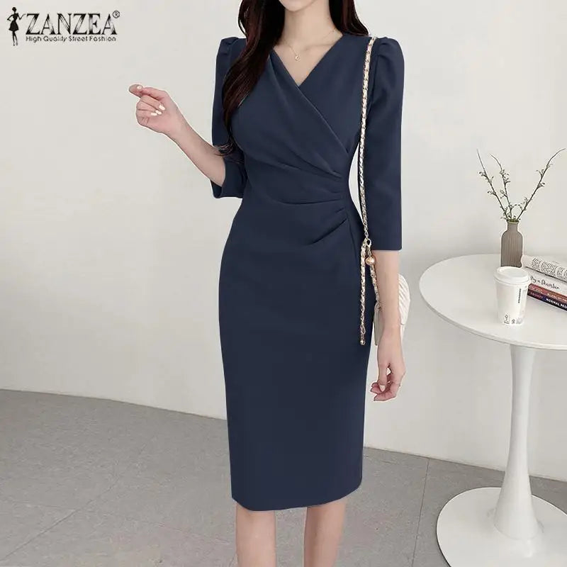 ZANZEA Summer Fashion Womens Dress Sexy Solid Color Knee Length Bodycon Sundress Elegant 3/4 Sleeve V-Neck Work OL Vestidos 2025