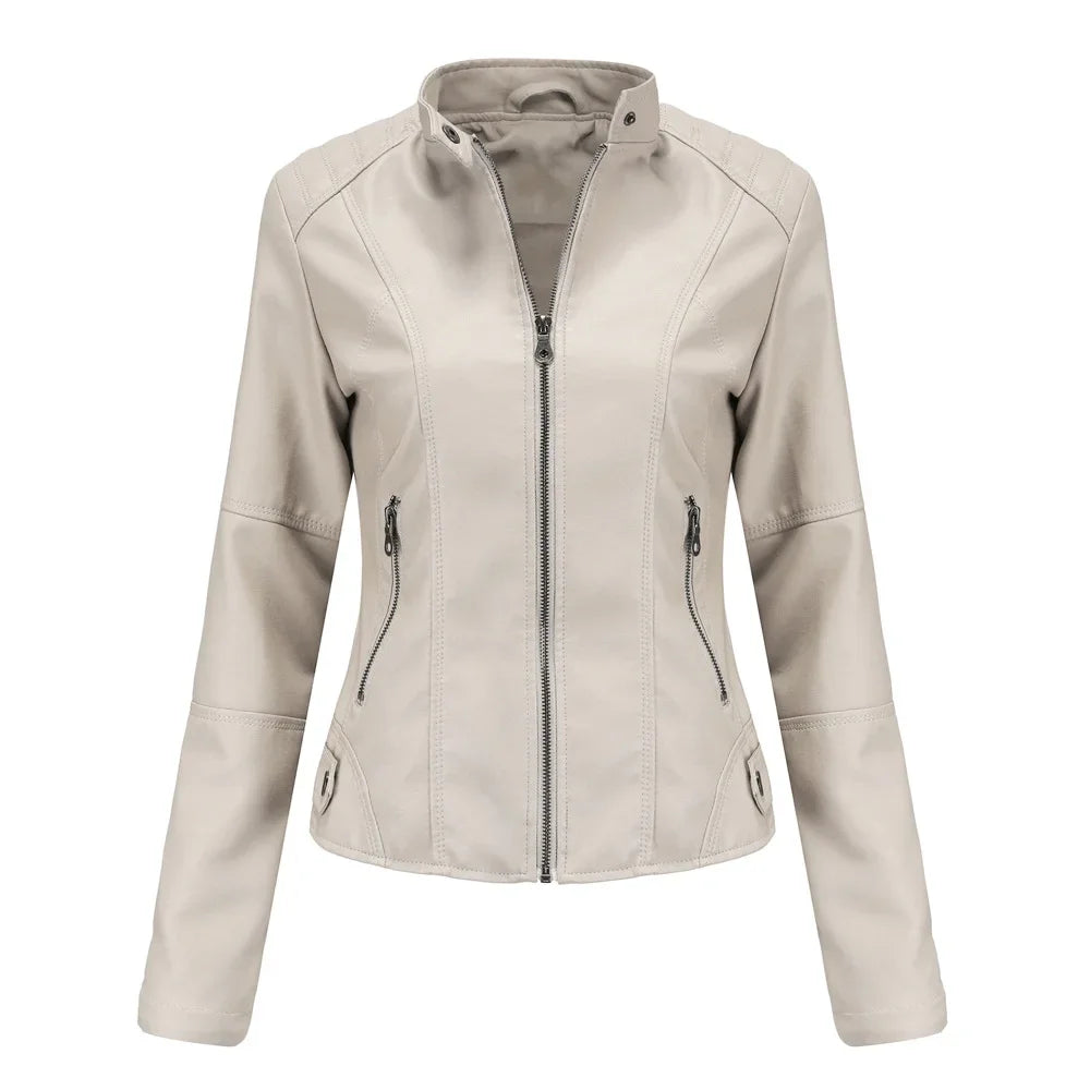 New women's leather jacket Slim jacket Thin section of the spring and autumn jacket Standing collar women's leather jacket