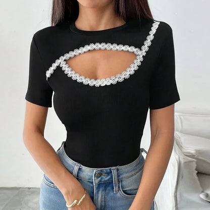 Sexy Short Sleeve Hollow Out Tops Female Black Slim Tee Basic T Shirt Women Elegant Slim Tops