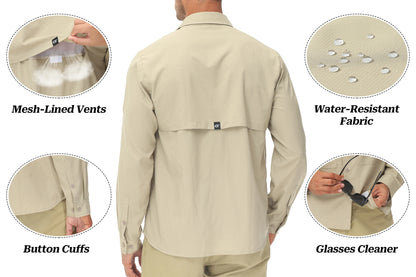 Men's UPF 50+ Casual Long Sleeve Fishing Shirts, Sun Protection Lightweight Breathable Button Down Fishing Shirt with Back Mesh
