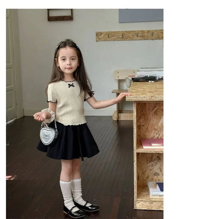 Girl Baby Thin Knit Ruffle Lace Short Sleeve T-shirts 2025 Summer New Girls Kids Bow Tops Sweet Cute Student Children Clothing