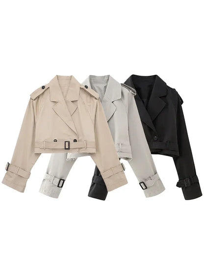 2025 Cropped Trench Coat with Belt - Vintage Double Breasted Spring Jacket for Women| Streetwear Outerwear
