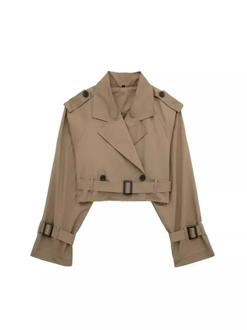 2025 Cropped Trench Coat with Belt - Vintage Double Breasted Spring Jacket for Women| Streetwear Outerwear