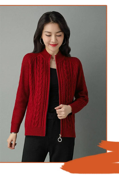 2025 Half High Collar Zipper Knitted Cardigan Jacket Women fall New korean Style  long Sleeve Cardigans Thicken Sweater Coat