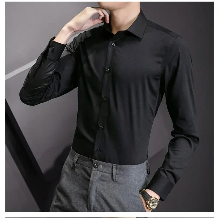 New Plus Size 8XL Men Solid Color Business Shirt Long Sleeve Shirt Fashion Classic Basic Casual Slim White Spring Autumn