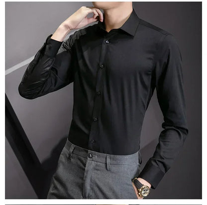 New Plus Size 8XL Men Solid Color Business Shirt Long Sleeve Shirt Fashion Classic Basic Casual Slim White Spring Autumn
