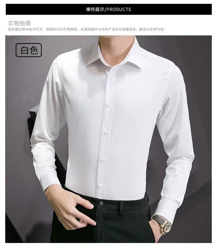 New Plus Size 8XL Men Solid Color Business Shirt Long Sleeve Shirt Fashion Classic Basic Casual Slim White Spring Autumn