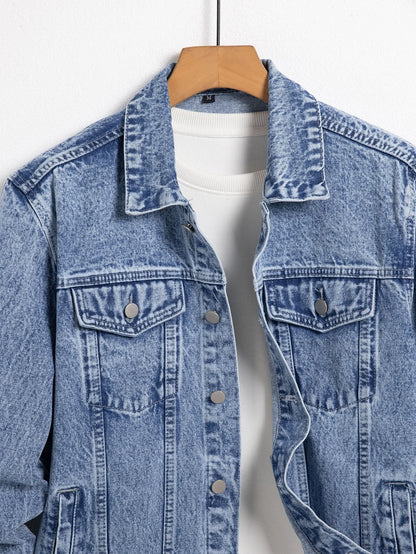 Men's blue denim jacket for spring and autumn. Stylish and casual, versatile for streetwear.