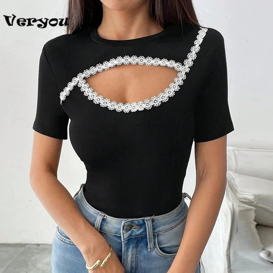 Sexy Short Sleeve Hollow Out Tops Female Black Slim Tee Basic T Shirt Women Elegant Slim Tops