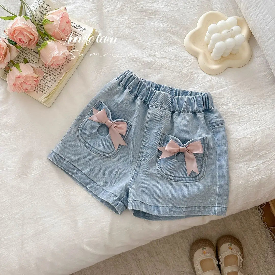 Girls Summer Denim Skirt Baby Girl Korean New Style Cute Bow Lace Pleated Skirt