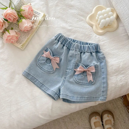 Girls Summer Denim Skirt Baby Girl Korean New Style Cute Bow Lace Pleated Skirt