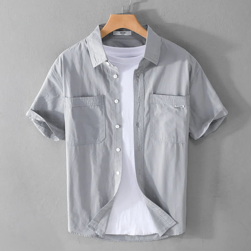 Summer Men's Casual Short Sleeve Comfortable Shirt 100% Cotton Sold Color Loose Simple Male Workwear Versatile Youth Fresh Shirt