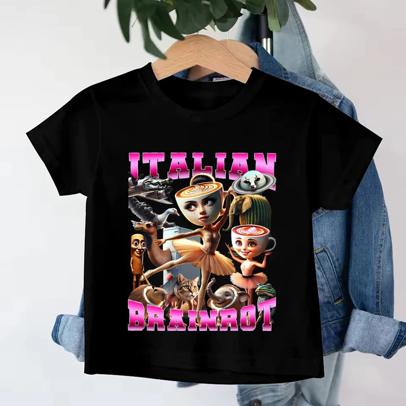 Italian Brainrot Kids Cotton T-shirt Tung Tung Tung Sahur Tee Tralalero Tralala Summer Clothes Funny Meme Children Cute Top Gift