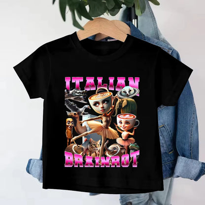 Italian Brainrot Kids Cotton T-shirt Tung Tung Tung Sahur Tee Tralalero Tralala Summer Clothes Funny Meme Children Cute Top Gift