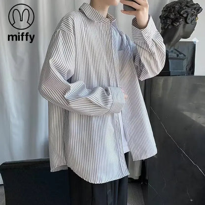Japanese striped long-sleeved shirt boys simple trend literary fan lining clothes spring and autumn casual coat couple...