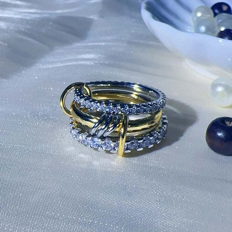 3 CZ Cubic Zirconia Ring Set Stackable Ring Silver Gold Stacking Rings Multi-Link Connected Statement Interlocking for Women