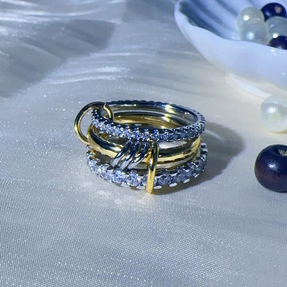 3 CZ Cubic Zirconia Ring Set Stackable Ring Silver Gold Stacking Rings Multi-Link Connected Statement Interlocking for Women