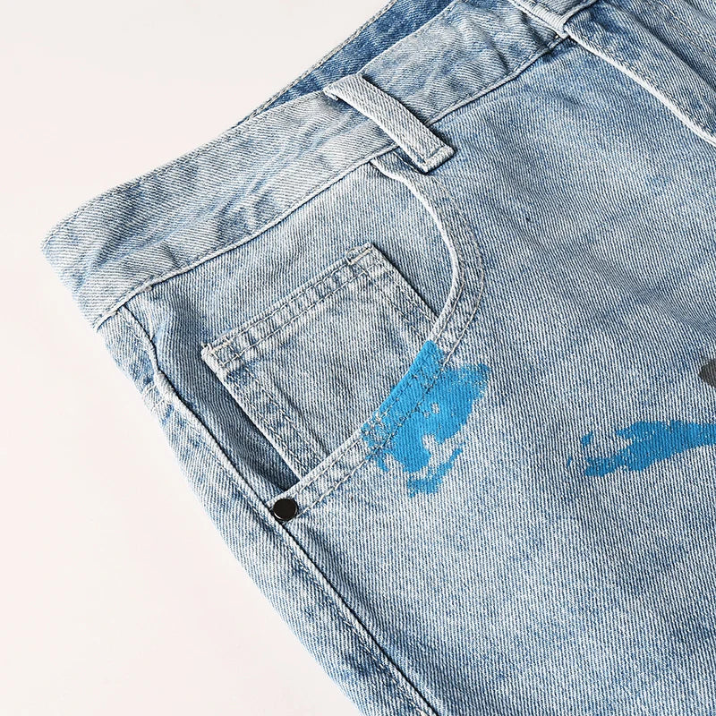 Men's High Street Distressed Washed Light Blue Non-Stretch Damaged Holes Spray Paint Slim Fit Jeans Pants