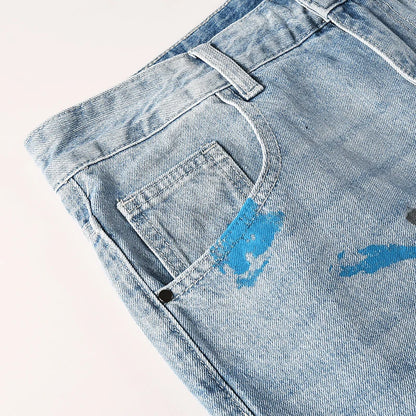 Men's High Street Distressed Washed Light Blue Non-Stretch Damaged Holes Spray Paint Slim Fit Jeans Pants