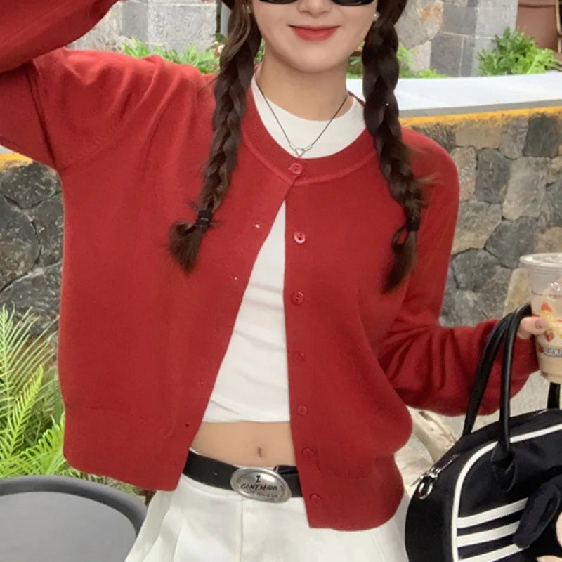 Women's Long Sleeve 2025 Cardigan O Neck Button Down Knit Lady Autumn Spring Knitted Single-breasted Cardigan Sweaters