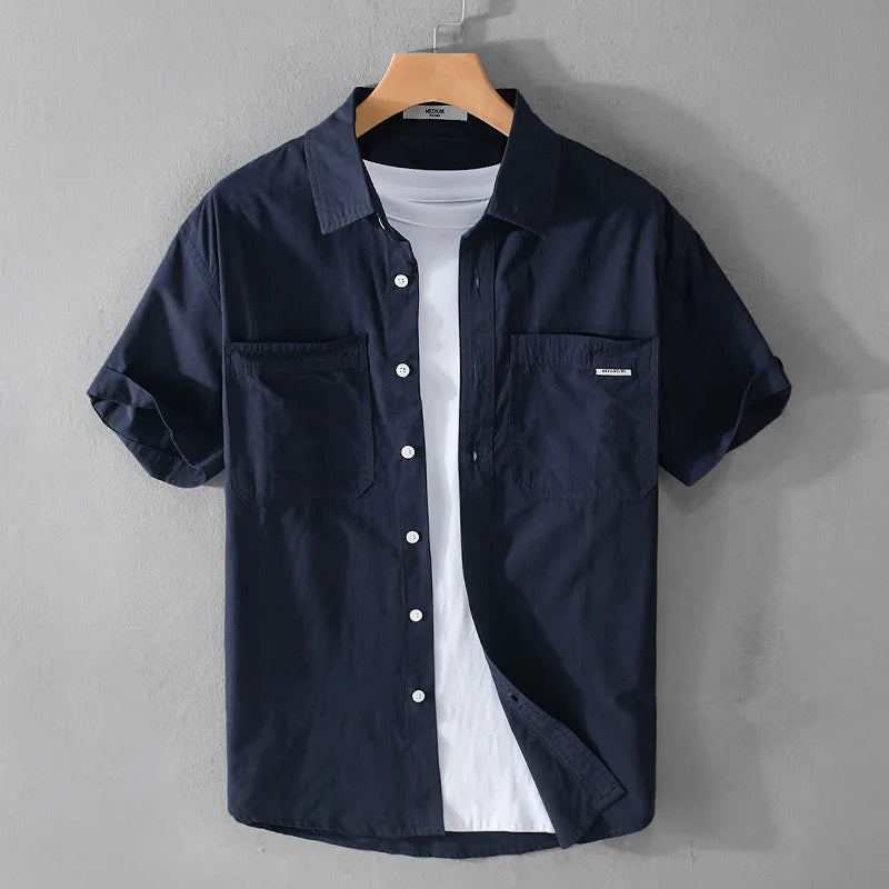 Summer Men's Casual Short Sleeve Comfortable Shirt 100% Cotton Sold Color Loose Simple Male Workwear Versatile Youth Fresh Shirt