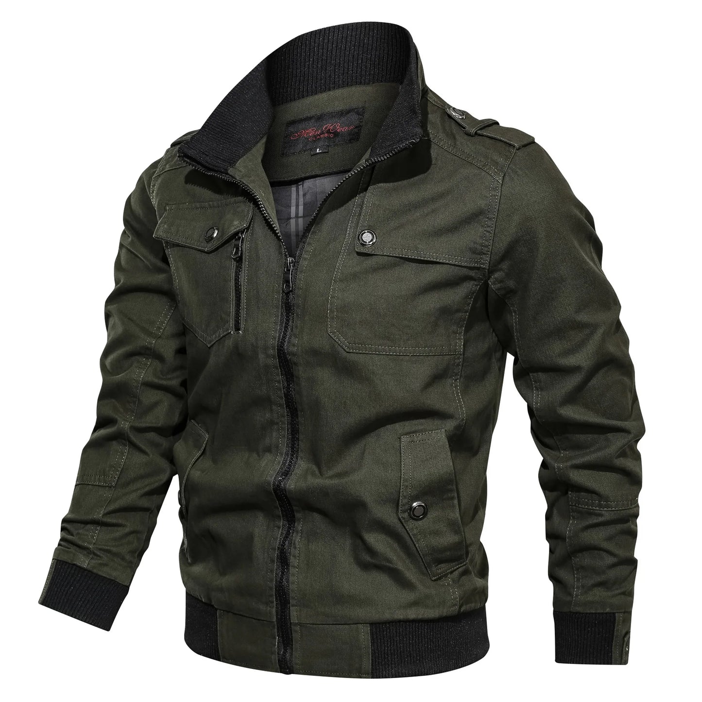 Casual solid color jacket, zippered pocket, stand up collar, oversized jacket, tough guy style, thin motorcycle top
