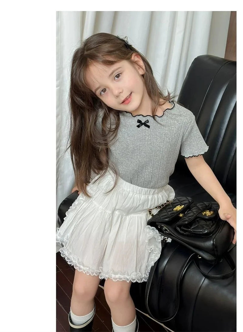 Girl Baby Thin Knit Ruffle Lace Short Sleeve T-shirts 2025 Summer New Girls Kids Bow Tops Sweet Cute Student Children Clothing