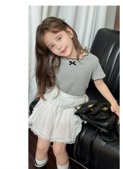 Girl Baby Thin Knit Ruffle Lace Short Sleeve T-shirts 2025 Summer New Girls Kids Bow Tops Sweet Cute Student Children Clothing