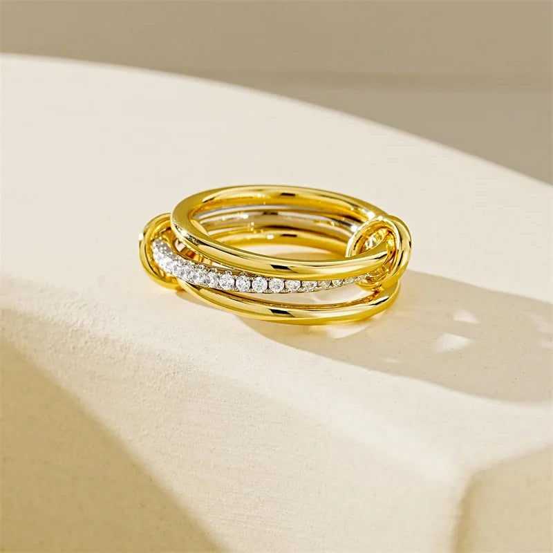 3 CZ Cubic Zirconia Ring Set Stackable Ring Silver Gold Stacking Rings Multi-Link Connected Statement Interlocking for Women