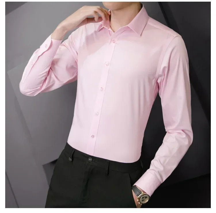New Plus Size 8XL Men Solid Color Business Shirt Long Sleeve Shirt Fashion Classic Basic Casual Slim White Spring Autumn