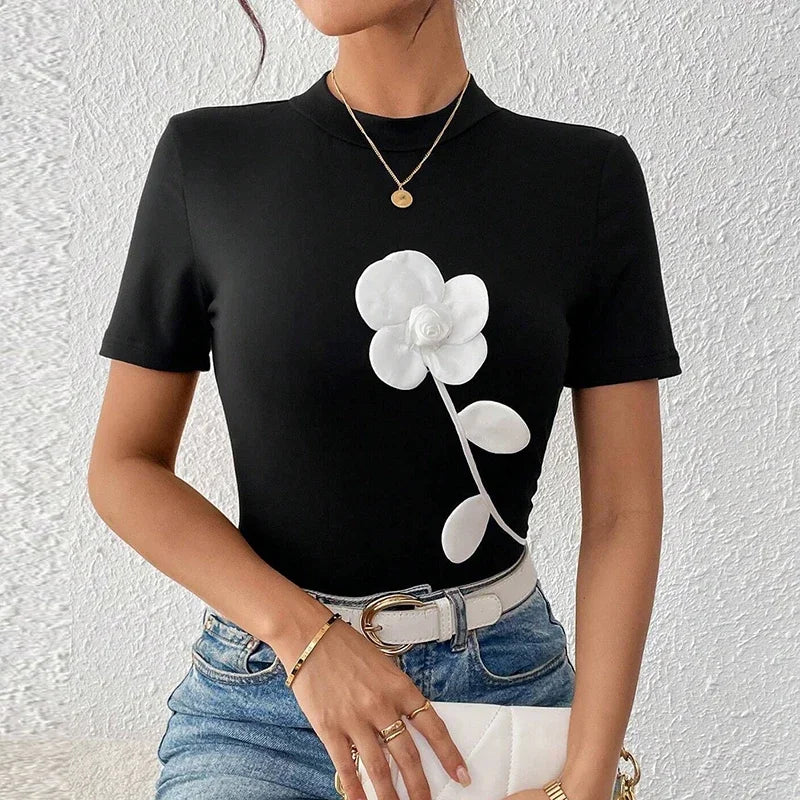 Sexy Short Sleeve Hollow Out Tops Female Black Slim Tee Basic T Shirt Women Elegant Slim Tops