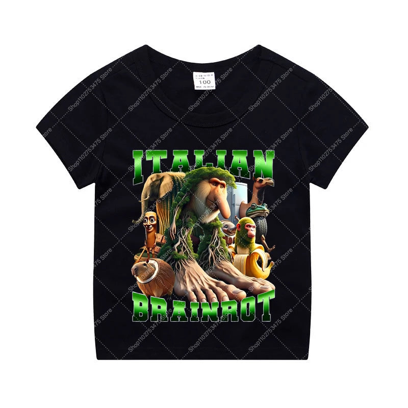 Italian Brainrot Kids Cotton T-shirt Tung Tung Tung Sahur Tee Tralalero Tralala Summer Clothes Funny Meme Children Cute Top Gift