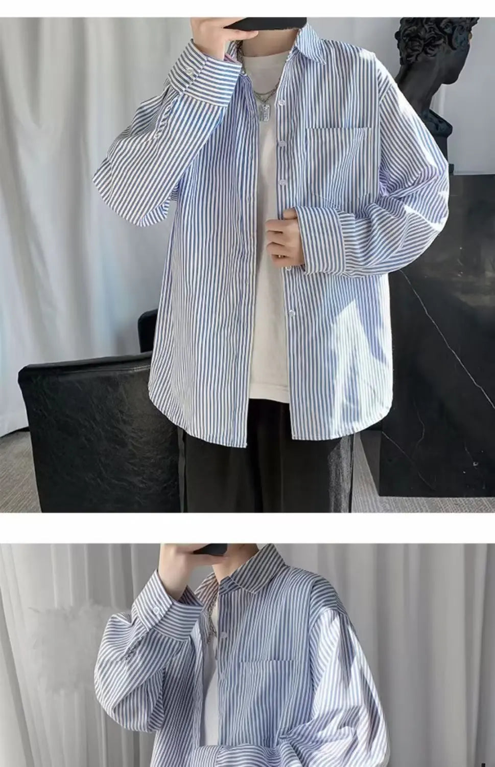 Japanese striped long-sleeved shirt boys simple trend literary fan lining clothes spring and autumn casual coat couple...