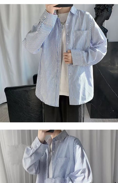 Japanese striped long-sleeved shirt boys simple trend literary fan lining clothes spring and autumn casual coat couple...