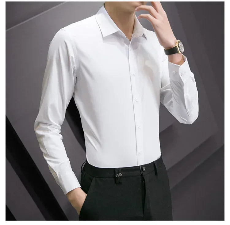 New Plus Size 8XL Men Solid Color Business Shirt Long Sleeve Shirt Fashion Classic Basic Casual Slim White Spring Autumn