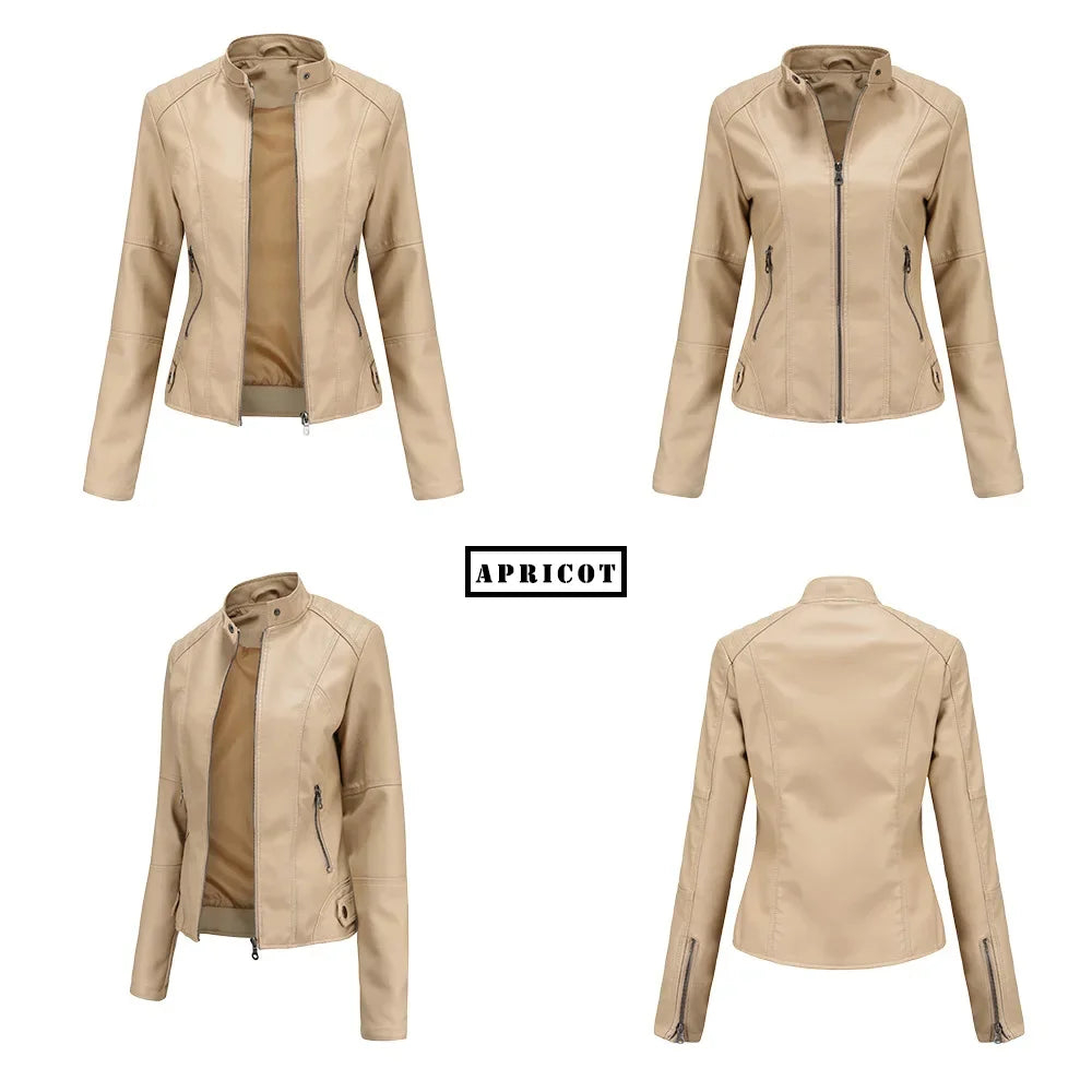 New women's leather jacket Slim jacket Thin section of the spring and autumn jacket Standing collar women's leather jacket