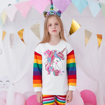 DXTON Girls Sweatshirts Kids Unicorn Sequined Appliqued Rainbow Striped Sweatshirts Kids Long Sleeve Hoodies Sport Shirts 3-12Y