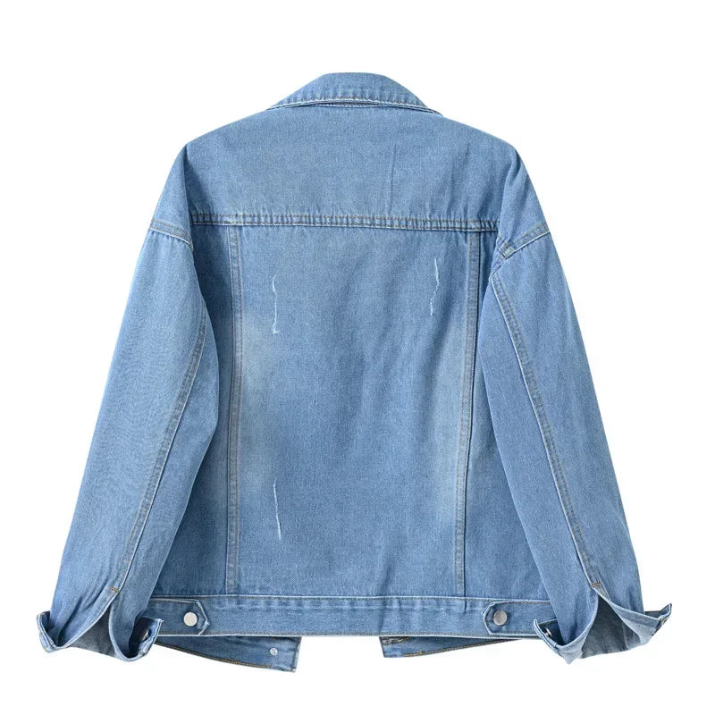 Yellow Women's Long Sleeve Jacket, Single Breasted Lapel Denim Jacket, Fashion Women's Tops Jacket Blue White Women's Coat