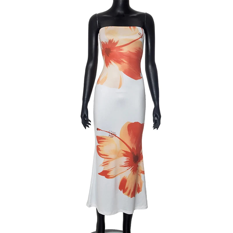CUTENOVA Women's 2024 New Flower Printed Tubeless Dress Casual Vacation Off Shoulder Slim Beach Floor Length Long Dress