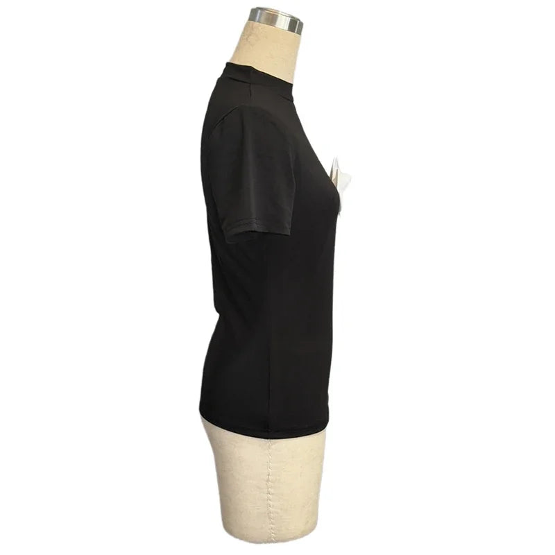 Sexy Short Sleeve Hollow Out Tops Female Black Slim Tee Basic T Shirt Women Elegant Slim Tops