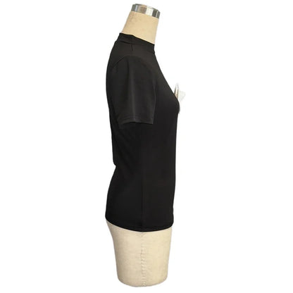 Sexy Short Sleeve Hollow Out Tops Female Black Slim Tee Basic T Shirt Women Elegant Slim Tops