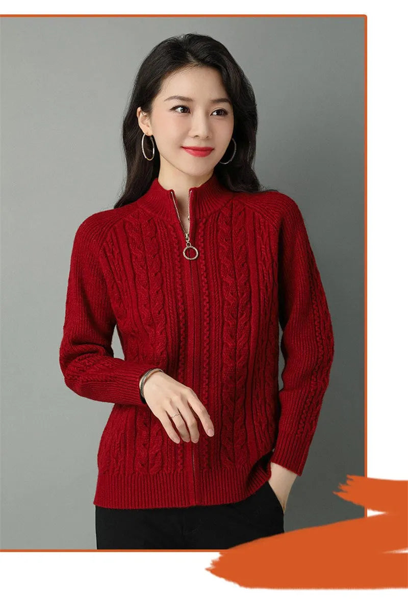 2025 Half High Collar Zipper Knitted Cardigan Jacket Women fall New korean Style  long Sleeve Cardigans Thicken Sweater Coat