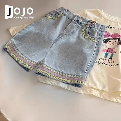 Girls Summer Denim Skirt Baby Girl Korean New Style Cute Bow Lace Pleated Skirt