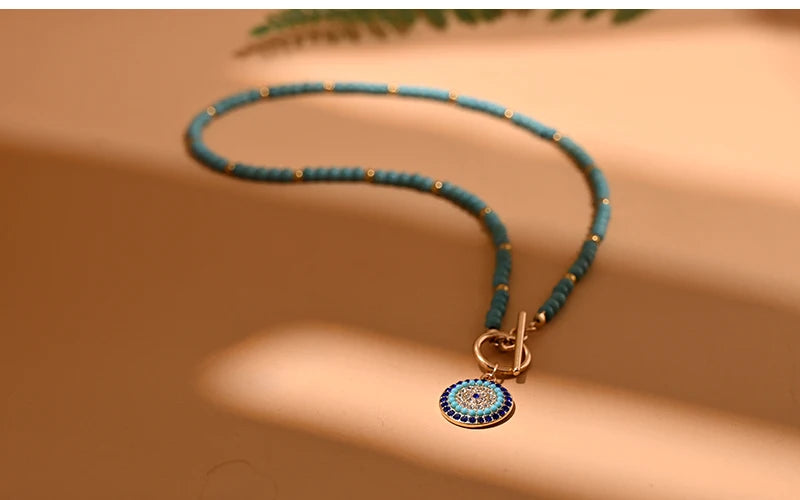 4mm Colorful Stone Choker Necklace for Women Round Evil Charm Pendant Necklace Fashion New Daily Jewelry