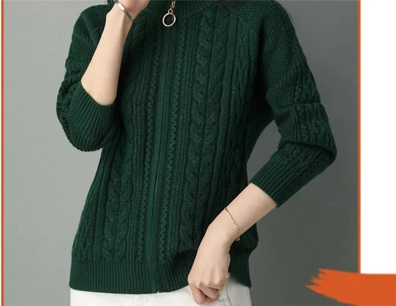 2025 Half High Collar Zipper Knitted Cardigan Jacket Women fall New korean Style  long Sleeve Cardigans Thicken Sweater Coat