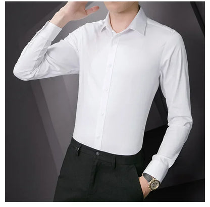 New Plus Size 8XL Men Solid Color Business Shirt Long Sleeve Shirt Fashion Classic Basic Casual Slim White Spring Autumn