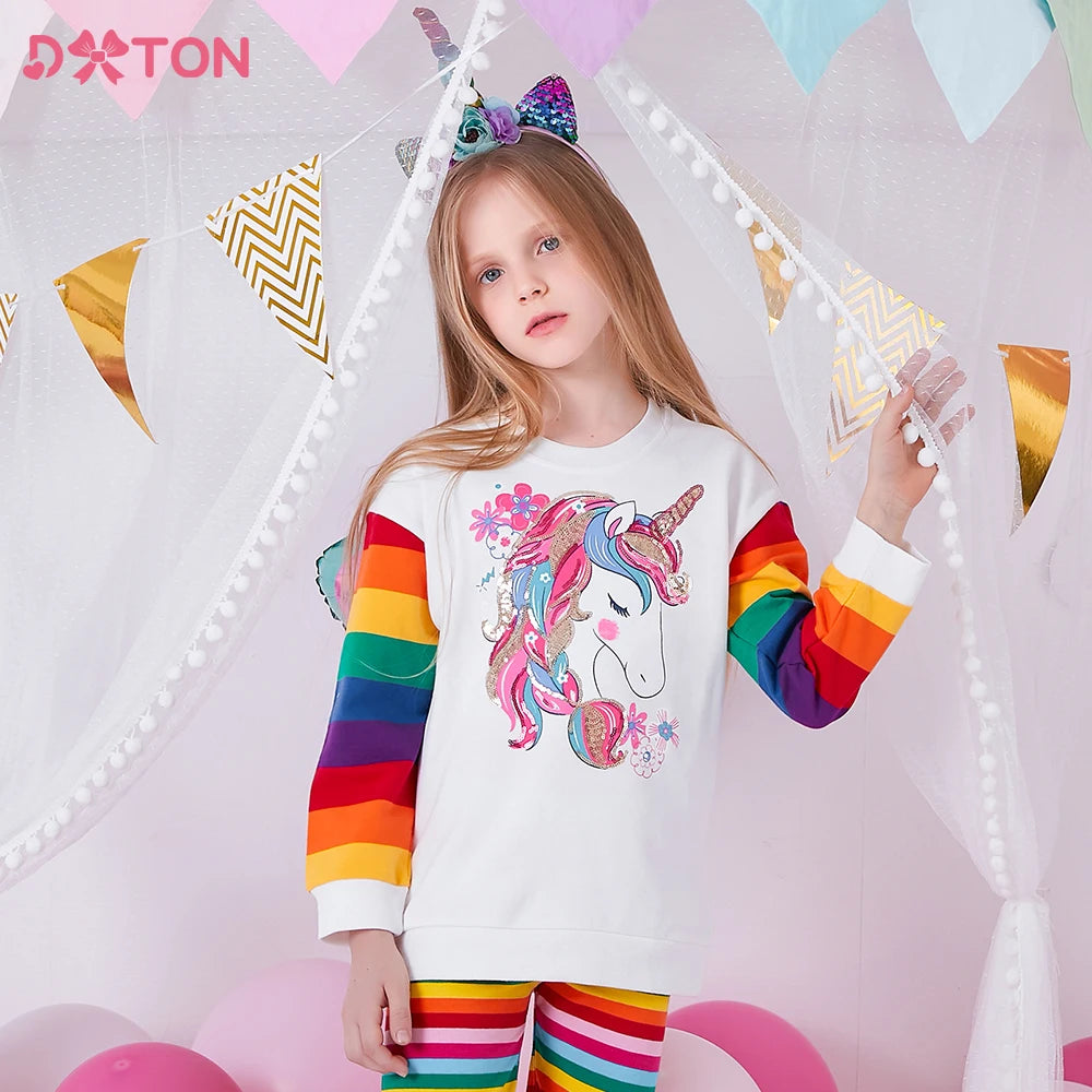 DXTON Girls Sweatshirts Kids Unicorn Sequined Appliqued Rainbow Striped Sweatshirts Kids Long Sleeve Hoodies Sport Shirts 3-12Y
