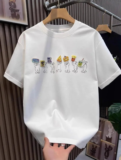 Hot Sale Summer Mens Fashion High Street Cartoon Patch Embroidery T Shirts Loose Fit Tees O Neck Short Sleeve Casual 2025 New