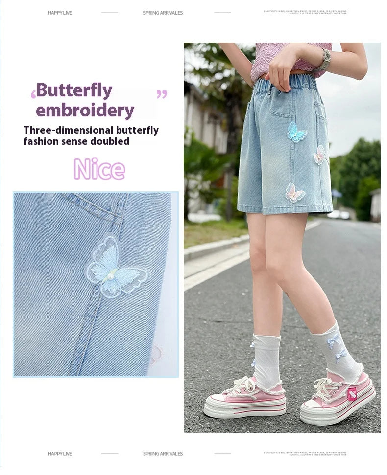 Girls summer style nailed side butterfly denim shorts thin 2025 new fashion denim hot pants casual sports shorts suitable for