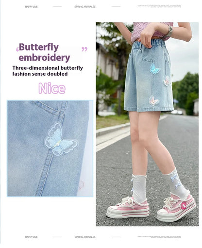 Girls summer style nailed side butterfly denim shorts thin 2025 new fashion denim hot pants casual sports shorts suitable for